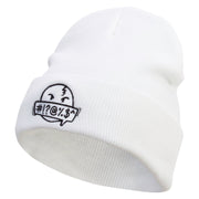 Comic Swear Emoji Embroidered 12 Inch Long Knitted Beanie - White OSFM