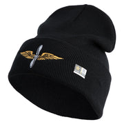 U.S. Army Aviation Logo Embroidered 12 Inch Solid Knit Cuff Long Beanie Made in USA - Black OSFM