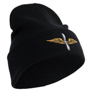 U.S. Army Aviation Logo Embroidered 12 Inch Solid Knit Cuff Long Beanie Made in USA - Black OSFM
