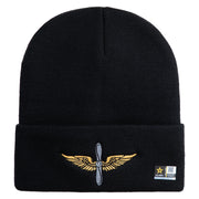 U.S. Army Aviation Logo Embroidered 12 Inch Solid Knit Cuff Long Beanie Made in USA - Black OSFM