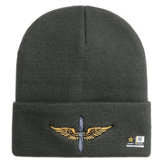 U.S. Army Aviation Logo Embroidered 12 Inch Solid Knit Cuff Long Beanie Made in USA - Charcoal OSFM