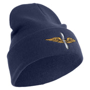 U.S. Army Aviation Logo Embroidered 12 Inch Solid Knit Cuff Long Beanie Made in USA - Navy OSFM