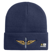 U.S. Army Aviation Logo Embroidered 12 Inch Solid Knit Cuff Long Beanie Made in USA - Navy OSFM