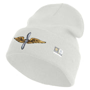U.S. Army Aviation Logo Embroidered 12 Inch Solid Knit Cuff Long Beanie Made in USA - White OSFM