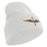 U.S. Army Aviation Logo Embroidered 12 Inch Solid Knit Cuff Long Beanie Made in USA - White OSFM