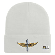 U.S. Army Aviation Logo Embroidered 12 Inch Solid Knit Cuff Long Beanie Made in USA - White OSFM