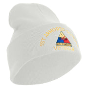 U.S. Army 1st Armored Division Logo Embroidered 12 Inch Solid Knit Cuff Long Beanie Made in USA - White OSFM