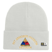 U.S. Army 1st Armored Division Logo Embroidered 12 Inch Solid Knit Cuff Long Beanie Made in USA - White OSFM
