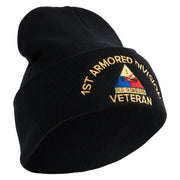 U.S. Army 1st Armored Division Logo Embroidered 12 Inch Solid Knit Cuff Long Beanie Made in USA - Black OSFM