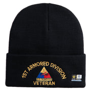 U.S. Army 1st Armored Division Logo Embroidered 12 Inch Solid Knit Cuff Long Beanie Made in USA - Black OSFM