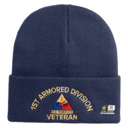 U.S. Army 1st Armored Division Logo Embroidered 12 Inch Solid Knit Cuff Long Beanie Made in USA - Navy OSFM