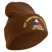 U.S. Army 1st Armored Division Logo Embroidered 12 Inch Solid Knit Cuff Long Beanie Made in USA - Coyote-Brown OSFM
