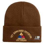 U.S. Army 1st Armored Division Logo Embroidered 12 Inch Solid Knit Cuff Long Beanie Made in USA - Coyote-Brown OSFM