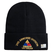 U.S. Army 2nd Armored Division Logo Embroidered 12 Inch Solid Knit Cuff Long Beanie Made in USA - Black OSFM