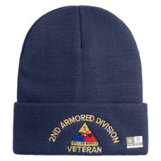 U.S. Army 2nd Armored Division Logo Embroidered 12 Inch Solid Knit Cuff Long Beanie Made in USA - Navy OSFM