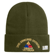 U.S. Army 2nd Armored Division Logo Embroidered 12 Inch Solid Knit Cuff Long Beanie Made in USA - Olive OSFM