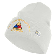 U.S. Army 3rd Armored Division Logo Embroidered 12 Inch Solid Knit Cuff Long Beanie Made in USA - White OSFM