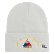 U.S. Army 3rd Armored Division Logo Embroidered 12 Inch Solid Knit Cuff Long Beanie Made in USA - White OSFM