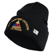 U.S. Army 3rd Armored Division Logo Embroidered 12 Inch Solid Knit Cuff Long Beanie Made in USA - Black OSFM