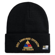 U.S. Army 3rd Armored Division Logo Embroidered 12 Inch Solid Knit Cuff Long Beanie Made in USA - Black OSFM