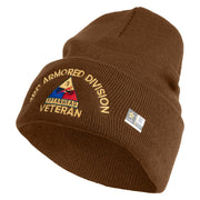 U.S. Army 3rd Armored Division Logo Embroidered 12 Inch Solid Knit Cuff Long Beanie Made in USA - Coyote-Brown OSFM