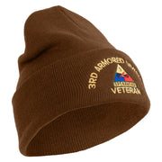 U.S. Army 3rd Armored Division Logo Embroidered 12 Inch Solid Knit Cuff Long Beanie Made in USA - Coyote-Brown OSFM