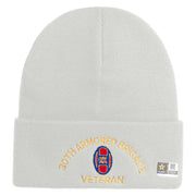 U.S. Army 30th Armored Brigade Logo Embroidered 12 Inch Solid Knit Cuff Long Beanie Made in USA - White OSFM