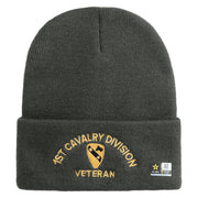 U.S. Army 1st Cavalry Division Logo Embroidered 12 Inch Solid Knit Cuff Long Beanie Made in USA - Charcoal OSFM