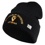 U.S. Army 1st Cavalry Division Logo Embroidered 12 Inch Solid Knit Cuff Long Beanie Made in USA - Black OSFM