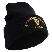 U.S. Army 1st Cavalry Division Logo Embroidered 12 Inch Solid Knit Cuff Long Beanie Made in USA - Black OSFM