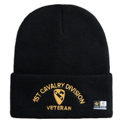 U.S. Army 1st Cavalry Division Logo Embroidered 12 Inch Solid Knit Cuff Long Beanie Made in USA - Black OSFM