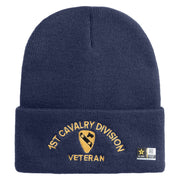 U.S. Army 1st Cavalry Division Logo Embroidered 12 Inch Solid Knit Cuff Long Beanie Made in USA - Navy OSFM