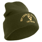 U.S. Army 1st Cavalry Division Logo Embroidered 12 Inch Solid Knit Cuff Long Beanie Made in USA - Olive OSFM