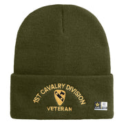 U.S. Army 1st Cavalry Division Logo Embroidered 12 Inch Solid Knit Cuff Long Beanie Made in USA - Olive OSFM