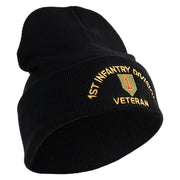 U.S. Army 1st Infantry Division Logo Embroidered 12 Inch Solid Knit Cuff Long Beanie Made in USA - Black OSFM