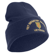 U.S. Army 1st Infantry Division Logo Embroidered 12 Inch Solid Knit Cuff Long Beanie Made in USA - Navy OSFM