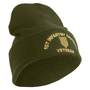 U.S. Army 1st Infantry Division Logo Embroidered 12 Inch Solid Knit Cuff Long Beanie Made in USA - Olive OSFM