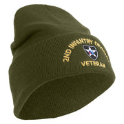 U.S. Army 2nd Infantry Division Logo Embroidered 12 Inch Solid Knit Cuff Long Beanie Made in USA - Olive OSFM