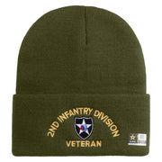 U.S. Army 2nd Infantry Division Logo Embroidered 12 Inch Solid Knit Cuff Long Beanie Made in USA - Olive OSFM