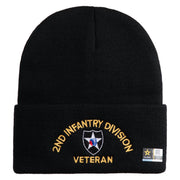U.S. Army 2nd Infantry Division Logo Embroidered 12 Inch Solid Knit Cuff Long Beanie Made in USA - Black OSFM