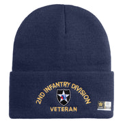 U.S. Army 2nd Infantry Division Logo Embroidered 12 Inch Solid Knit Cuff Long Beanie Made in USA - Navy OSFM