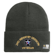 U.S. Army 2nd Infantry Division Logo Embroidered 12 Inch Solid Knit Cuff Long Beanie Made in USA - Charcoal OSFM