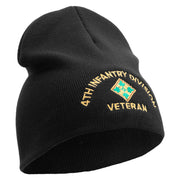 U.S. Army 4th Infantry Division Symbol Embroidered 8 Inch Solid Knit Short Beanie Made in USA - Black OSFM