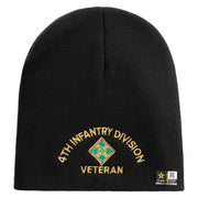 U.S. Army 4th Infantry Division Symbol Embroidered 8 Inch Solid Knit Short Beanie Made in USA - Black OSFM