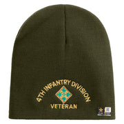 U.S. Army 4th Infantry Division Symbol Embroidered 8 Inch Solid Knit Short Beanie Made in USA - Olive OSFM