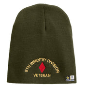 U.S. Army 5th Infantry Division Symbol Embroidered 8 Inch Solid Knit Short Beanie Made in USA - Olive OSFM
