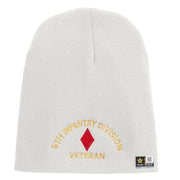 U.S. Army 5th Infantry Division Symbol Embroidered 8 Inch Solid Knit Short Beanie Made in USA - White OSFM