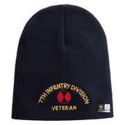 U.S. Army 7th Infantry Division Symbol Embroidered 8 Inch Solid Knit Short Beanie Made in USA - Navy OSFM