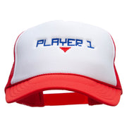 Player 1 Embroidered Foam Panel Mesh Snapback - White-Red OSFM