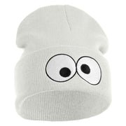 Puppet Monster Eyes Embroidered 12" Long Knitted Beanie - White OSFM